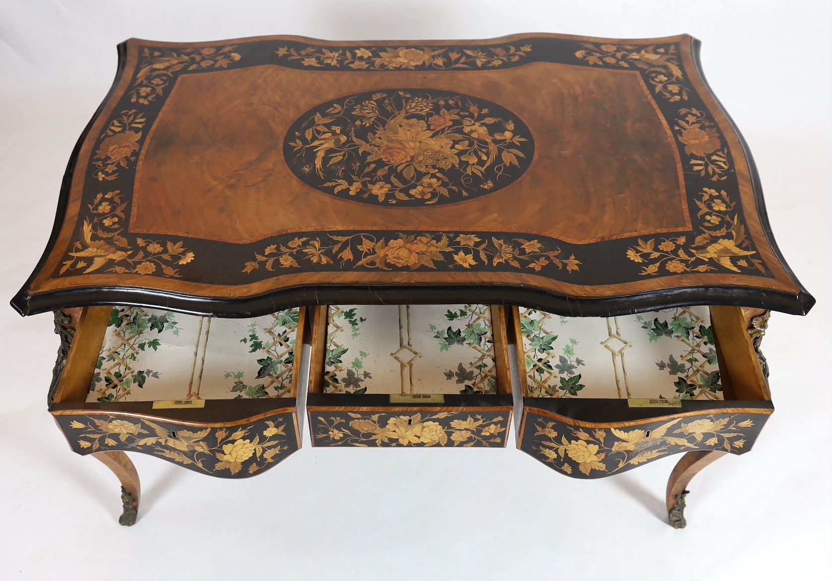 A 19th century Dutch floral marquetry bureau plat, width 126cm, depth 80cm, height 75cm